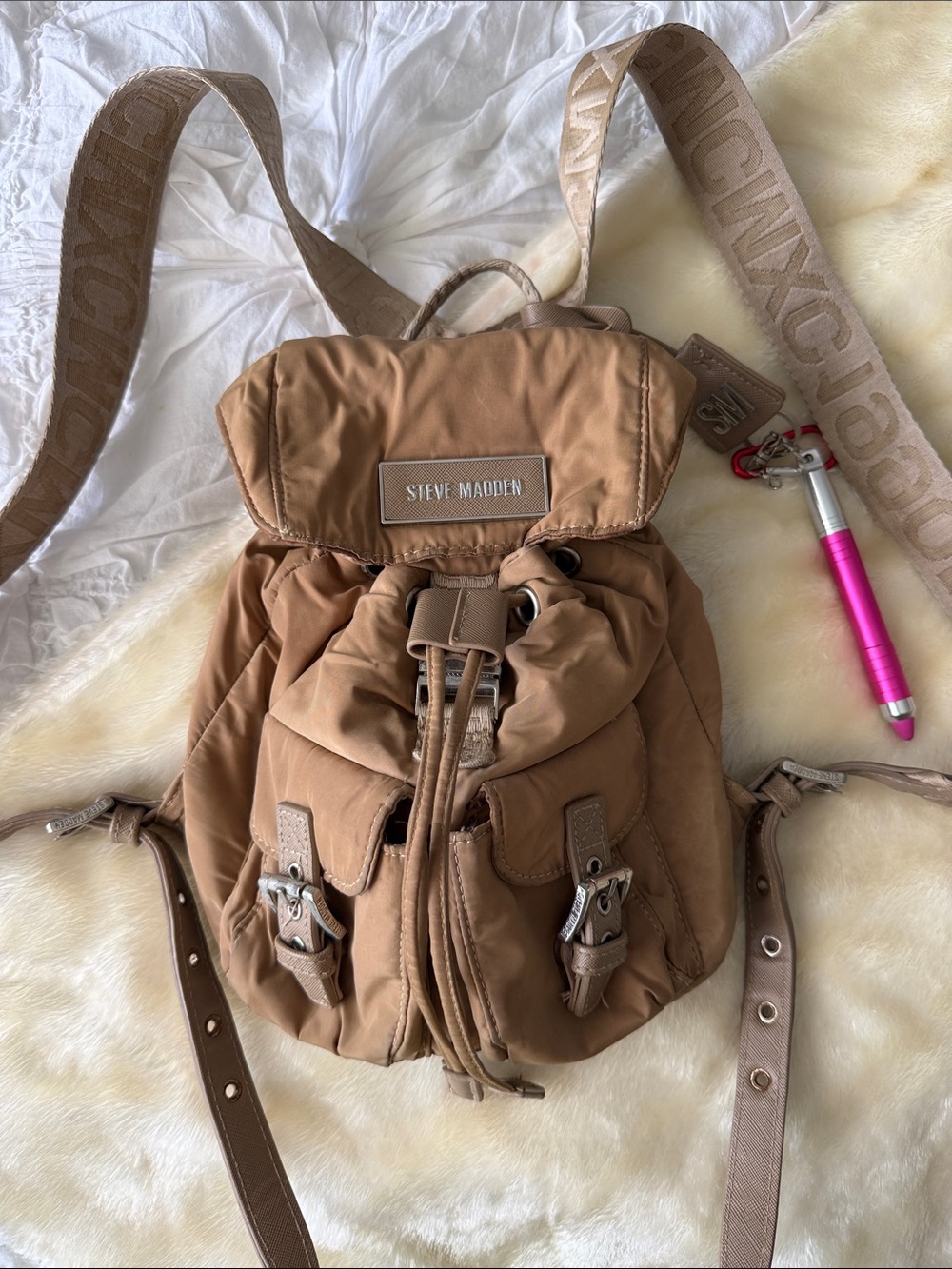 Steve Madden Caramel/Nude Nylon Drawstring Mini Backpack